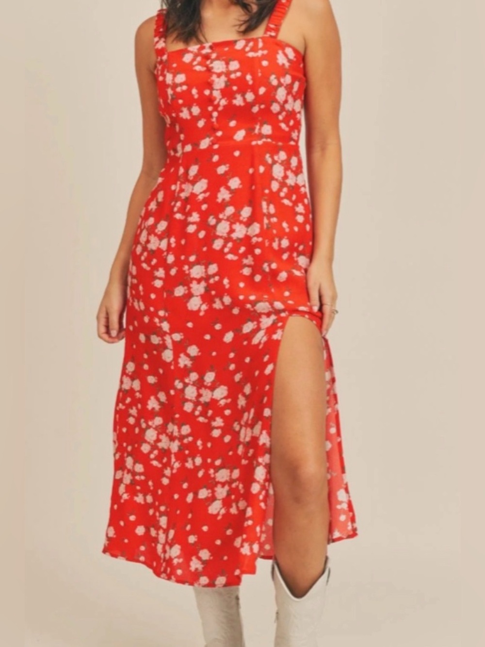 Sage the label Red Floral Square-Neck Midi Dress with Side Slit